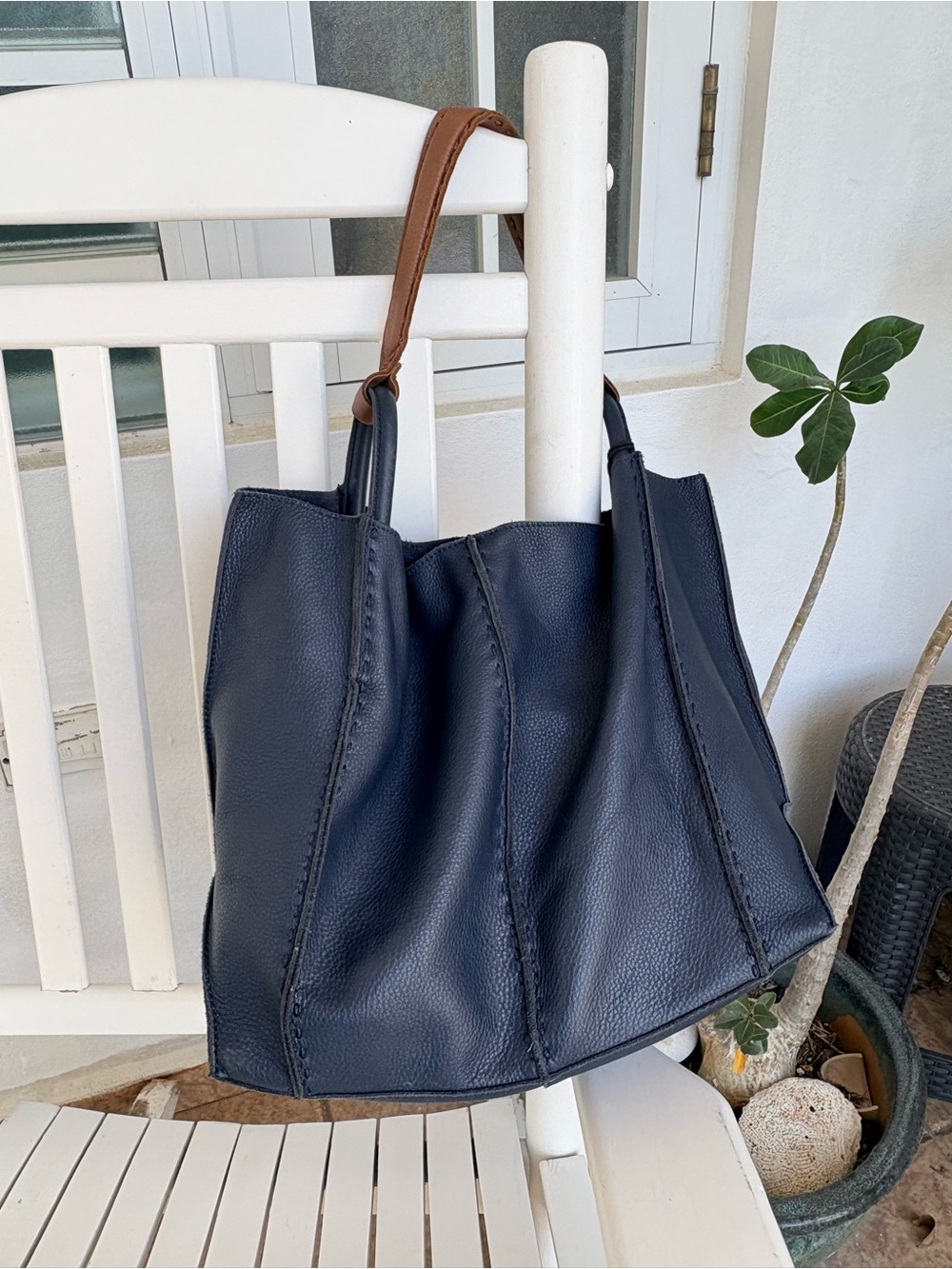 The Sak Los Feliz Navy Classic Large Leather Tote Bag with Tassel